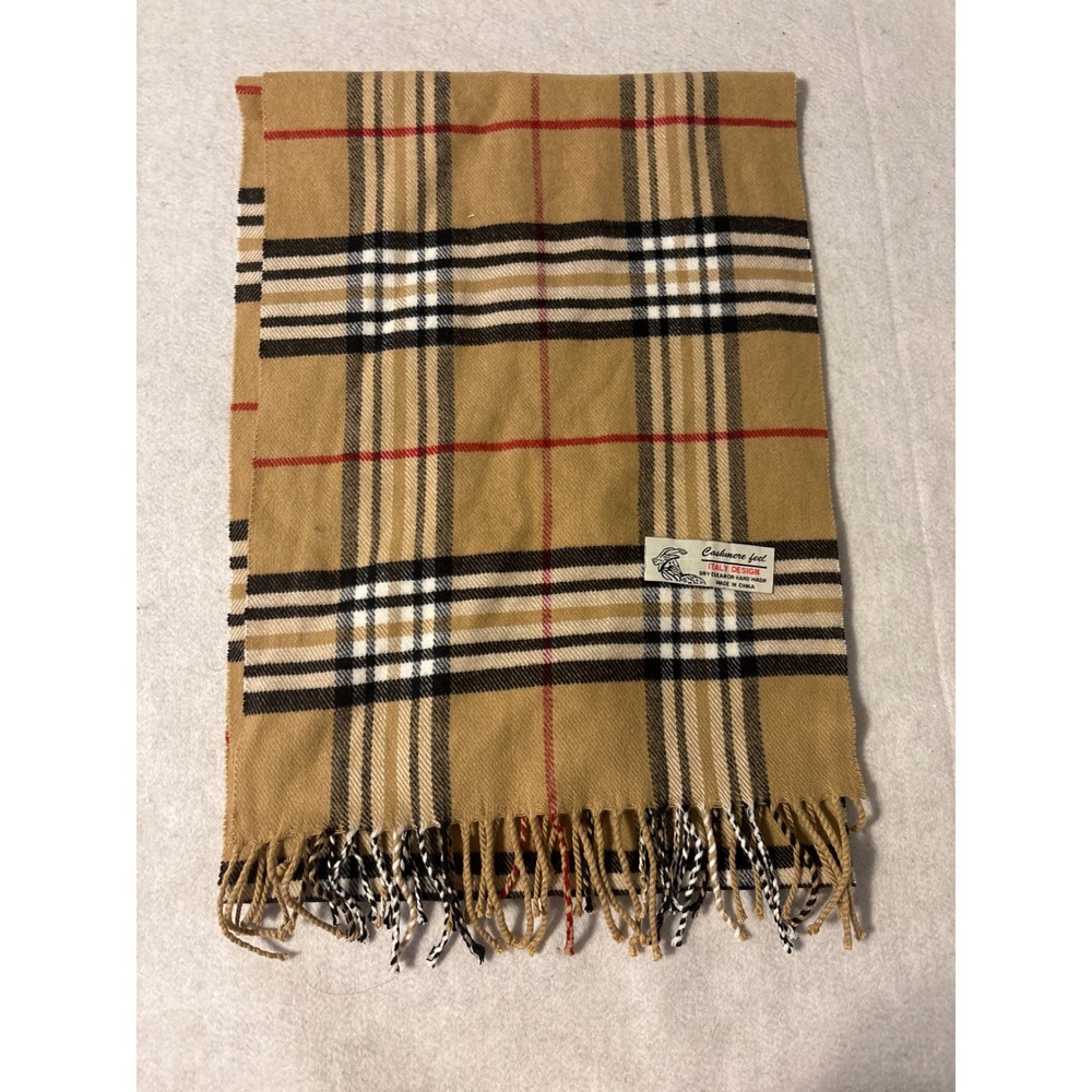 Italy Design Plaid Scarf Unisex OS Tan Cashmere Feel Excellent Initial A Fringe